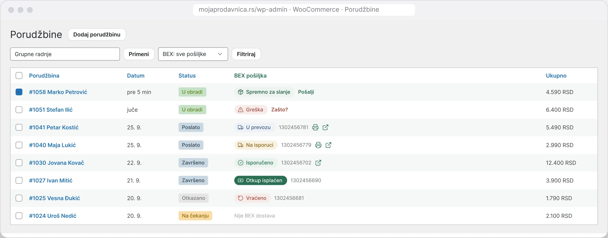BEX Express plugin za WooCommerce - lista porudžbina sa statusom pošiljke