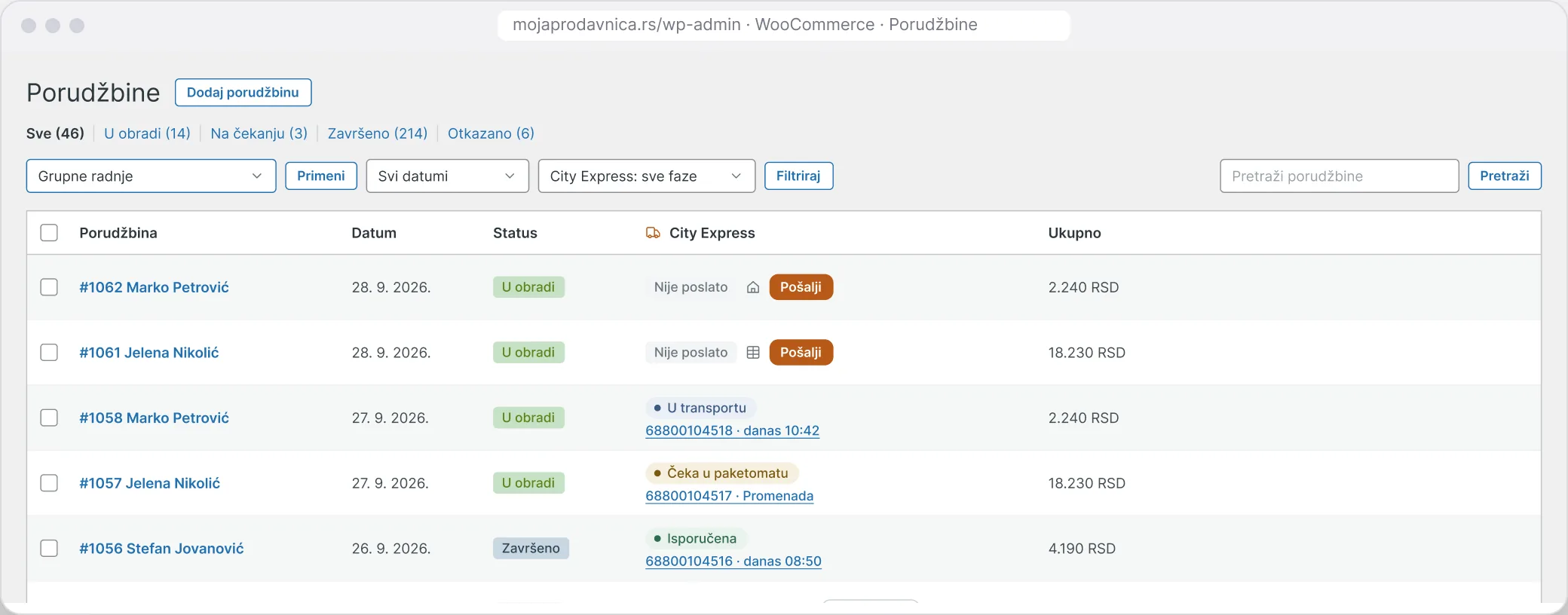 City Express plugin za WooCommerce - lista porudžbina sa statusom pošiljke