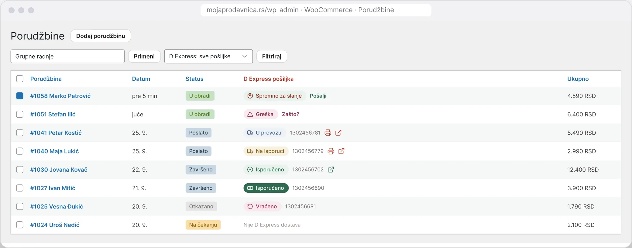 D Express plugin za WooCommerce - lista porudžbina sa statusom pošiljke