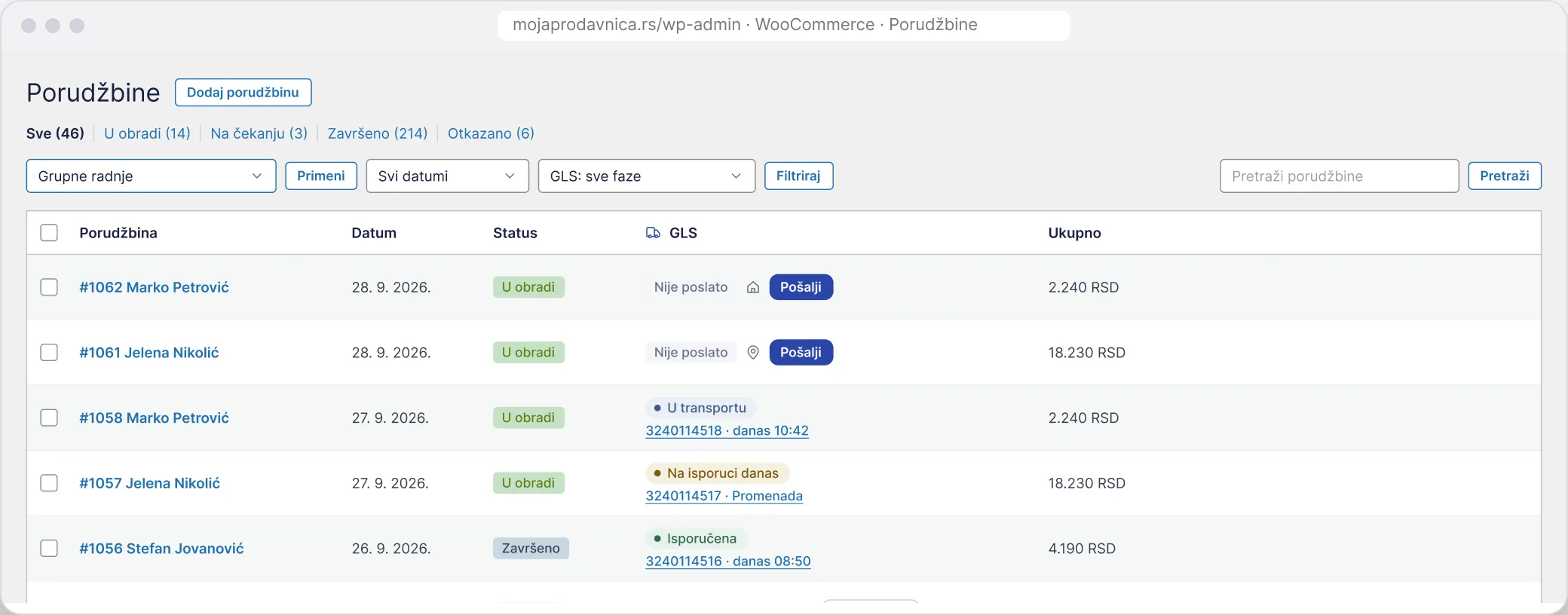 GLS plugin za WooCommerce - lista porudžbina sa statusom pošiljke