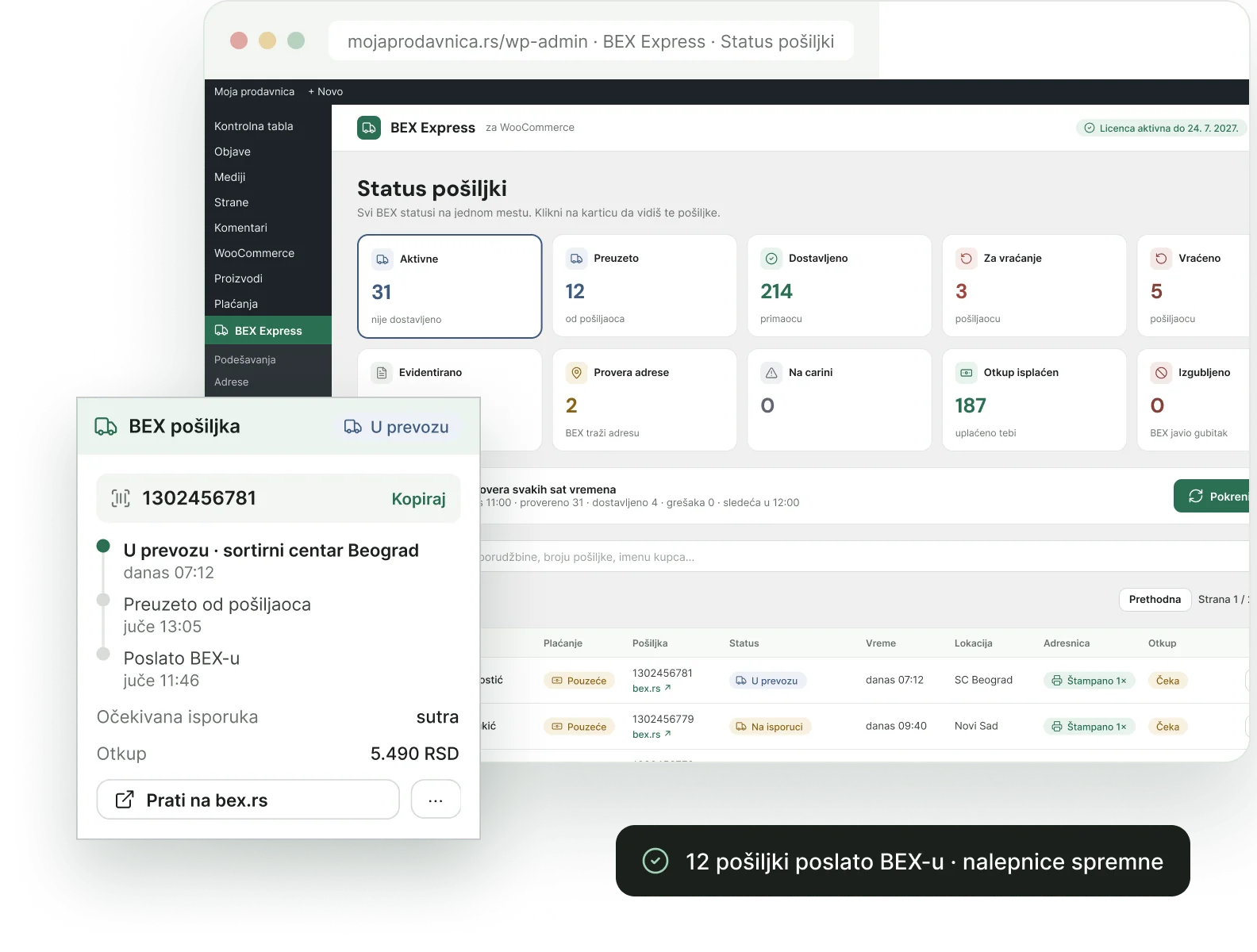 BEX plugin za WooCommerce - status pošiljki i BEX kutija u porudžbini
