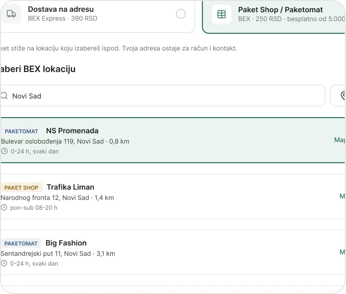 BEX plugin za WooCommerce - izbor Paket Shop lokacije i paketomata na checkout-u