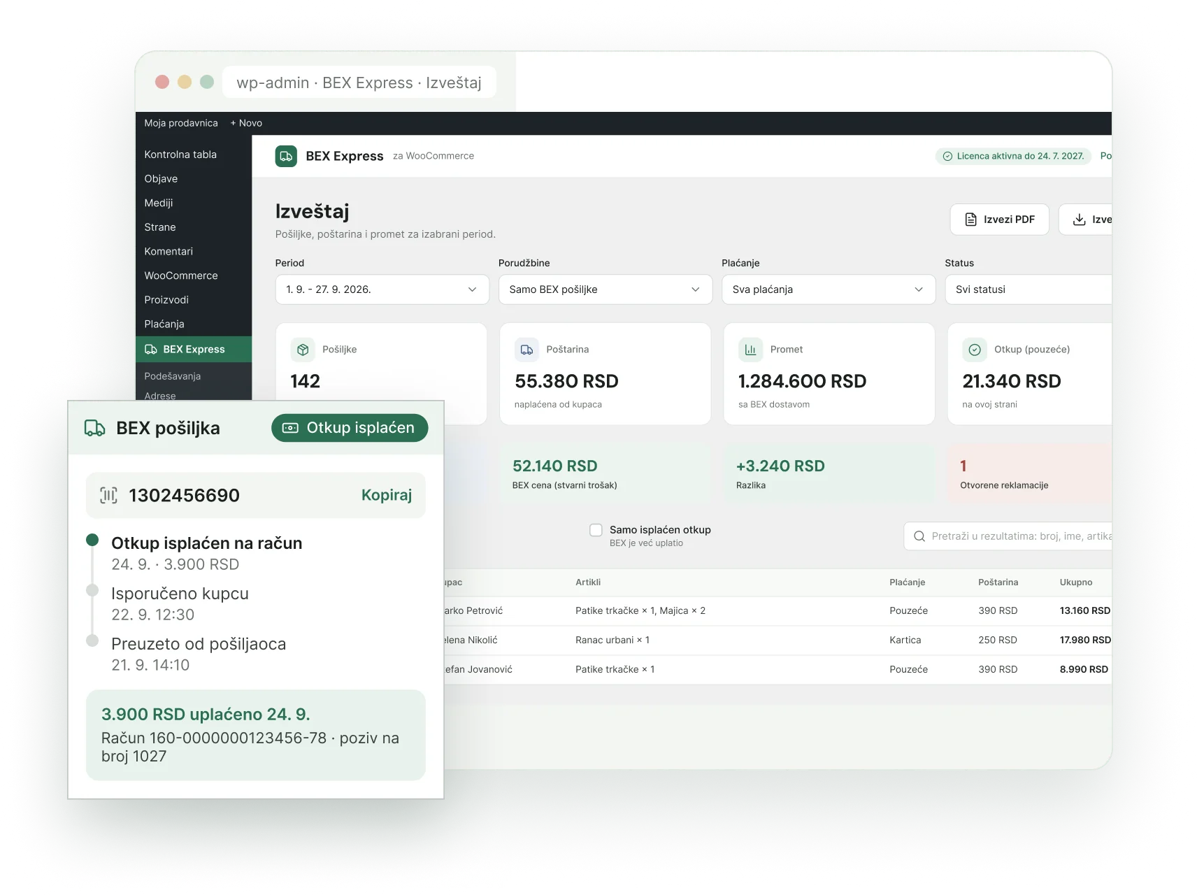 BEX plugin za WooCommerce - izveštaj o otkupninama i troškovima