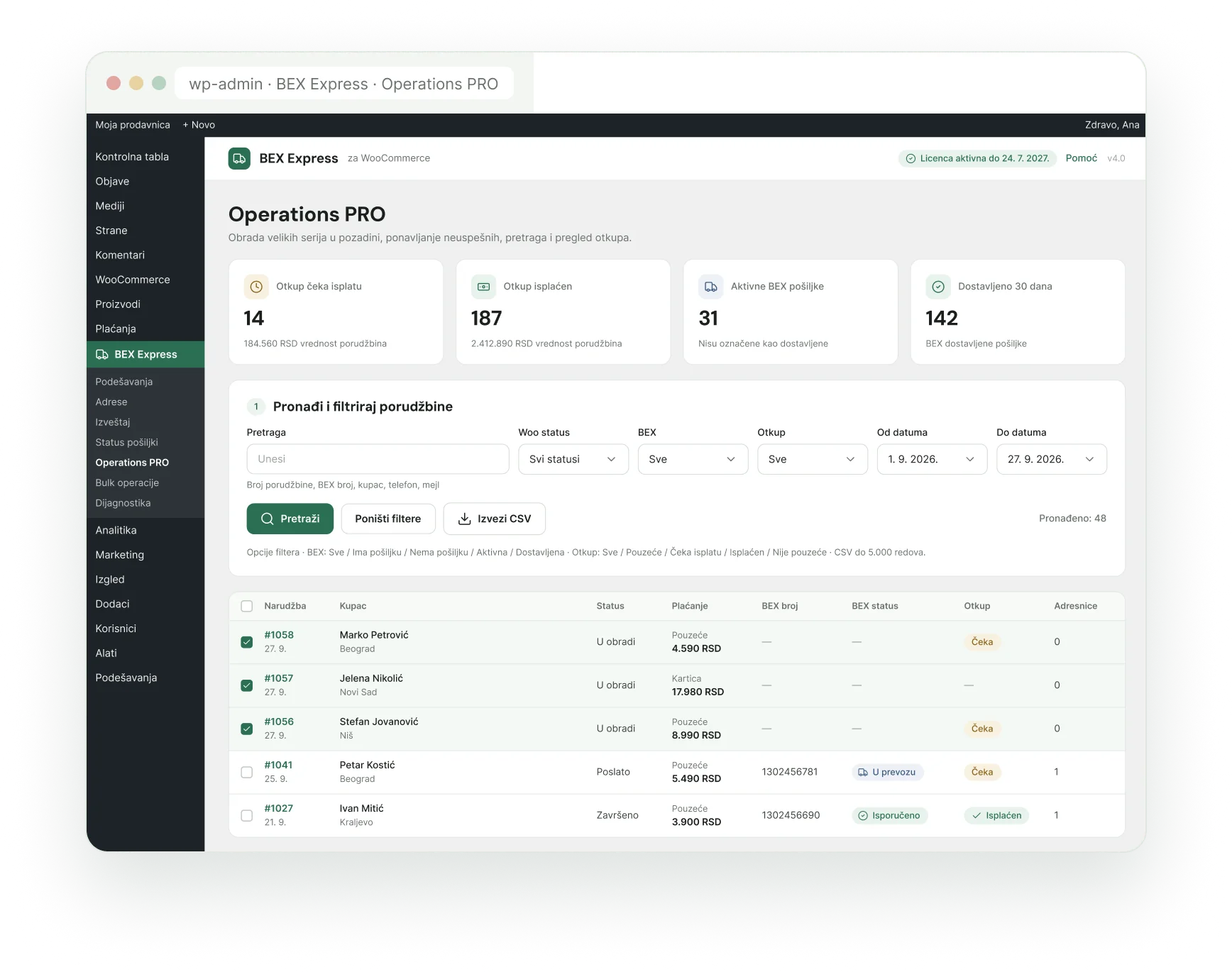 BEX plugin za WooCommerce - Operations PRO, masovno slanje pošiljki