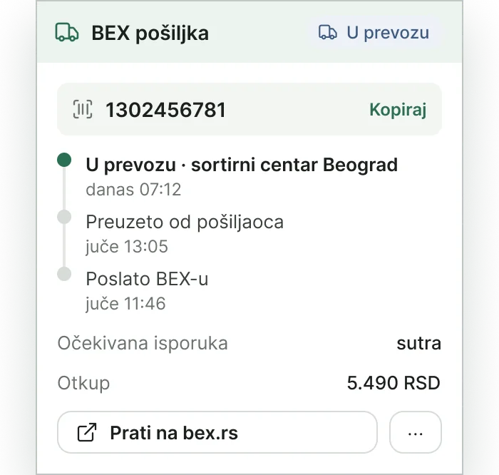 BEX plugin za WooCommerce - pošiljka u prevozu