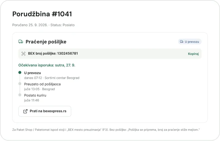 BEX plugin za WooCommerce - praćenje pošiljke u Moj nalog