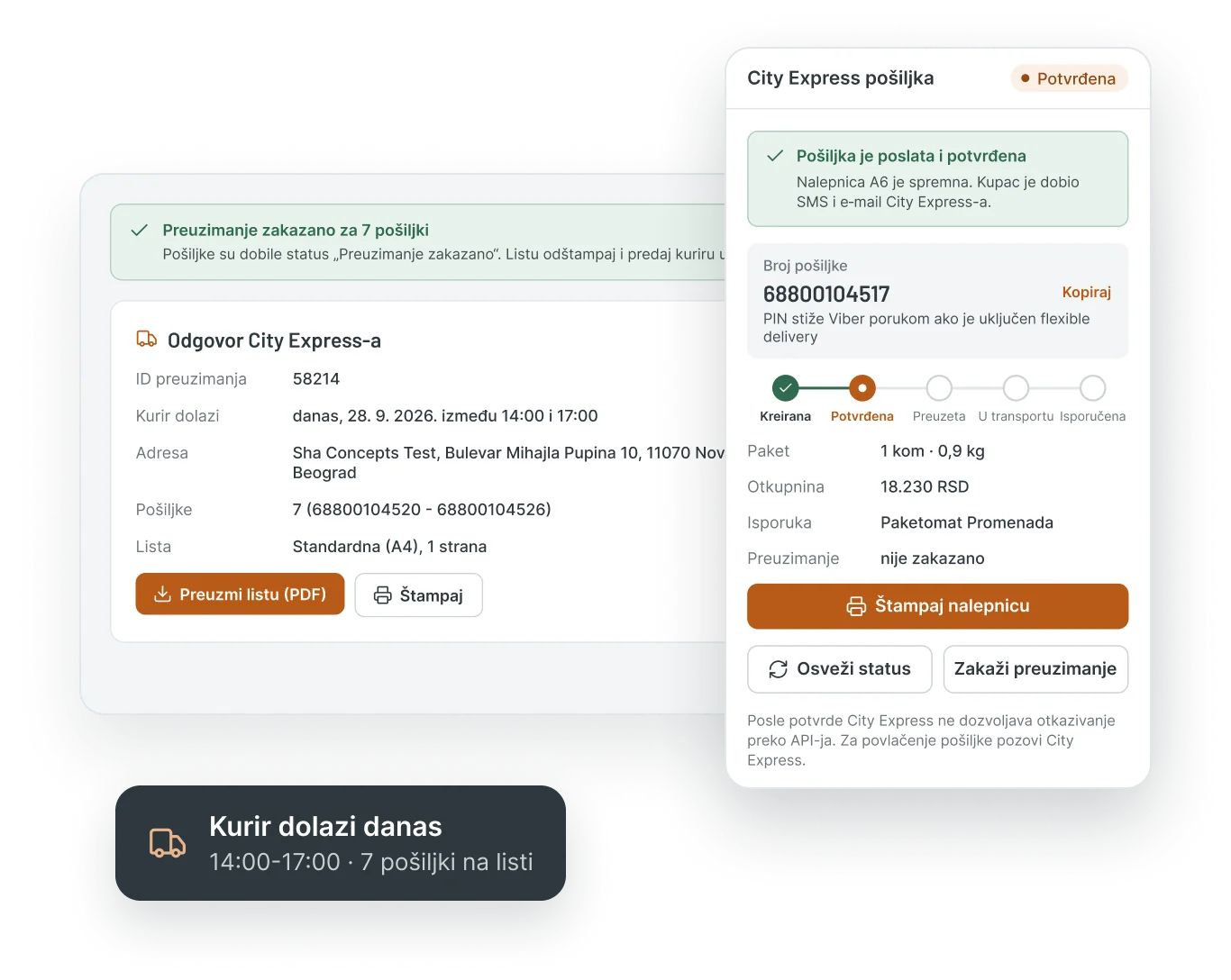 City Express plugin za WooCommerce - pošiljka potvrđena, preuzimanje zakazano, kurir dolazi danas