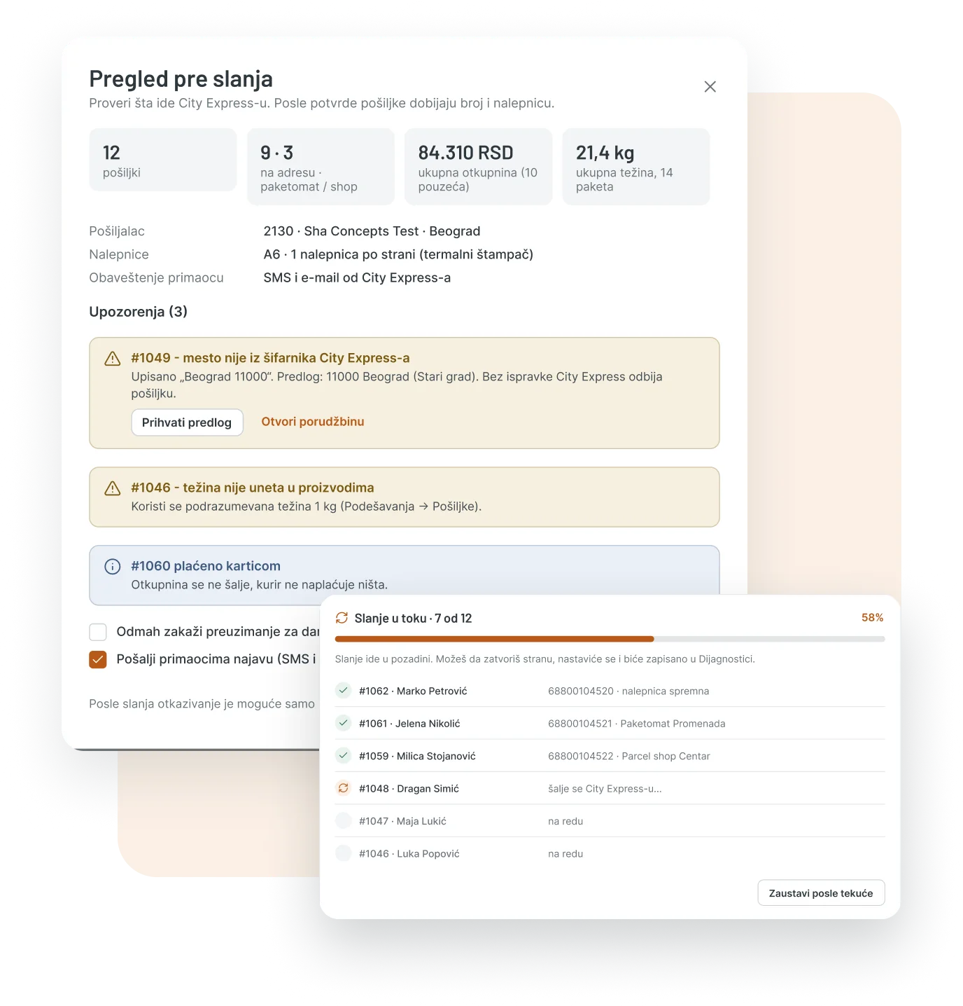 City Express plugin za WooCommerce - pregled pre slanja i napredak masovnog slanja