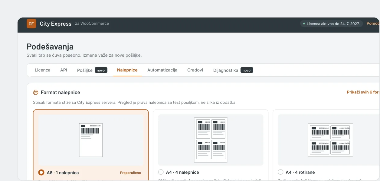 City Express plugin za WooCommerce - podešavanja formata nalepnice