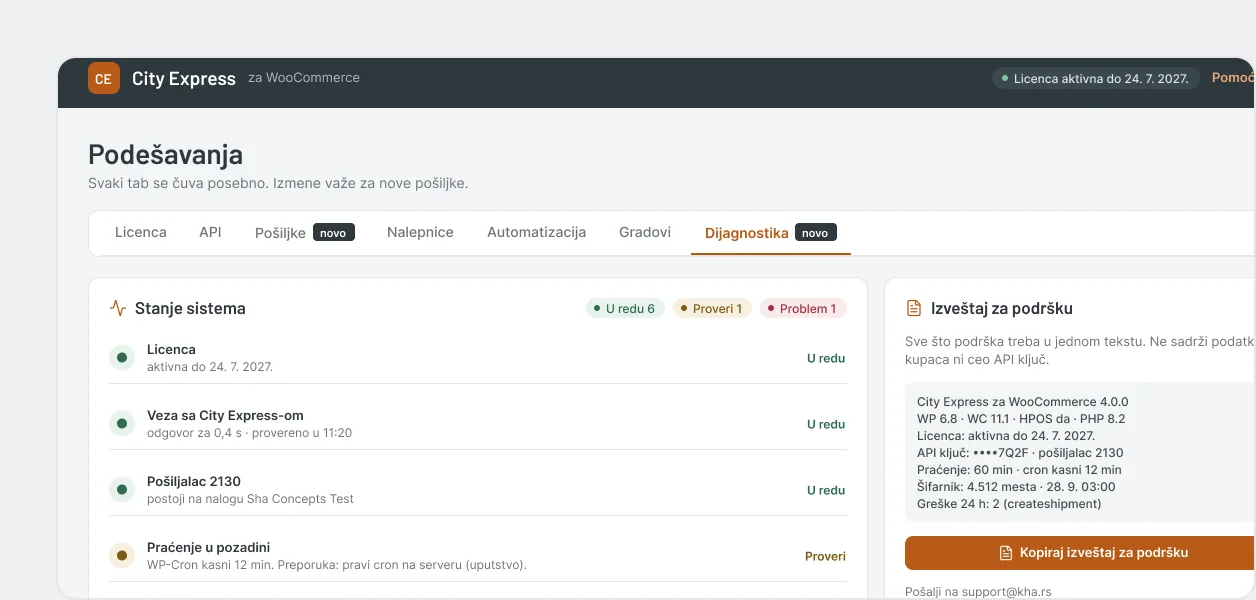 City Express plugin za WooCommerce - dijagnostika i stanje sistema