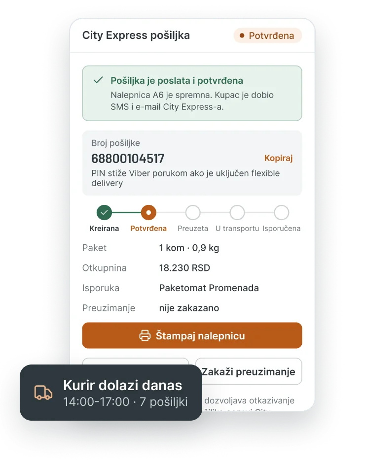 City Express plugin za WooCommerce - pošiljka potvrđena, preuzimanje zakazano, kurir dolazi danas