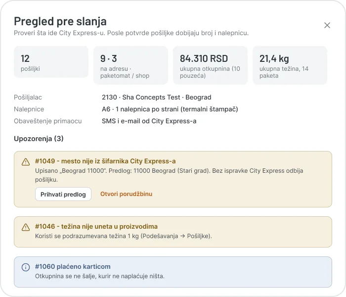 City Express plugin za WooCommerce - pregled pre slanja sa upozorenjima