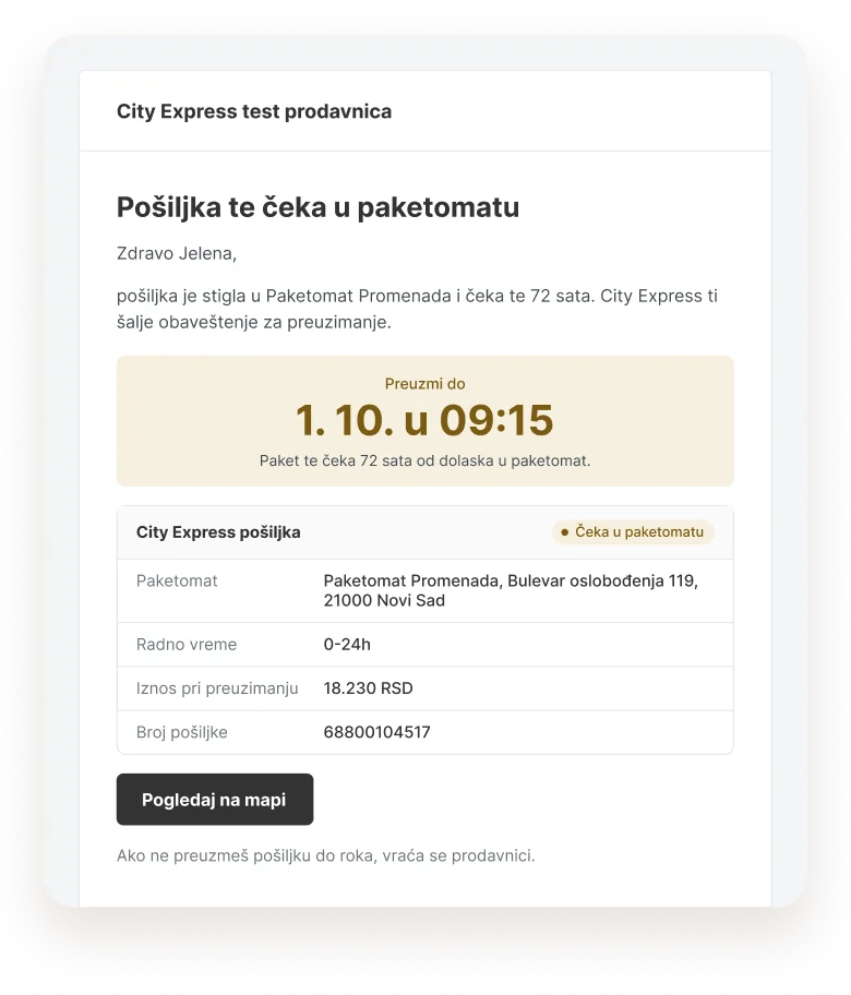 City Express plugin za WooCommerce - e-poruka kupcu da pošiljka čeka u paketomatu