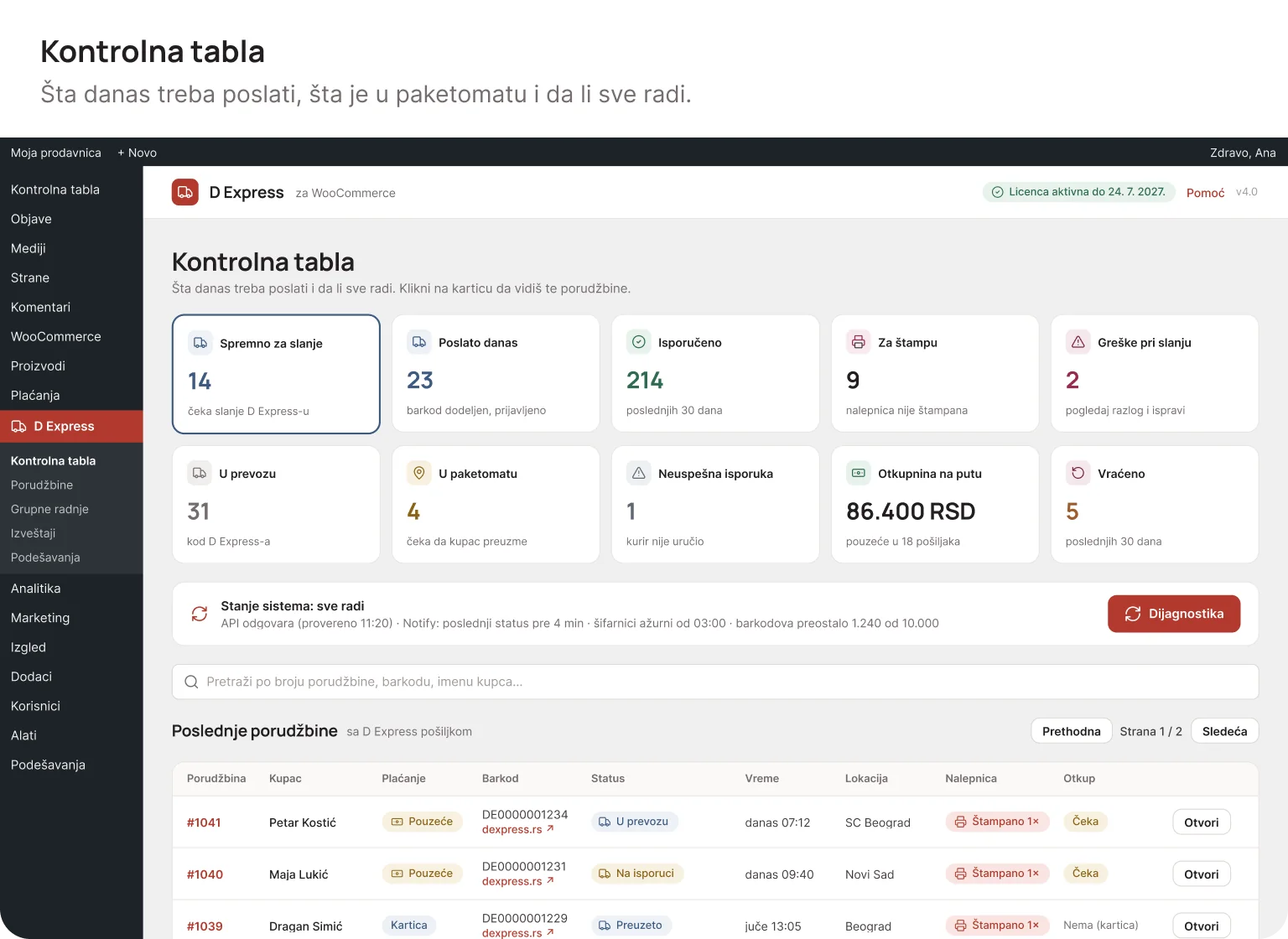 D Express plugin za WooCommerce - kontrolna tabla