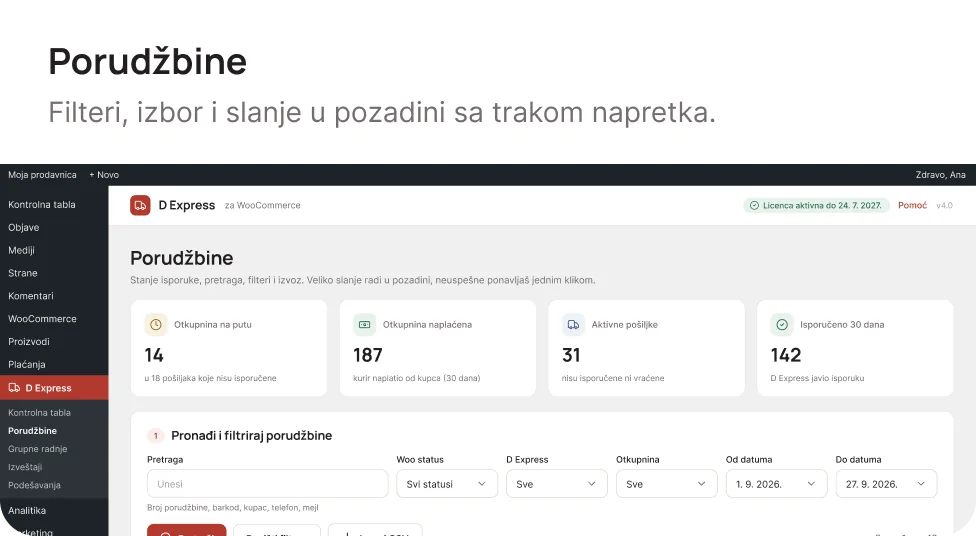 D Express plugin za WooCommerce - porudžbine sa filterima i slanjem