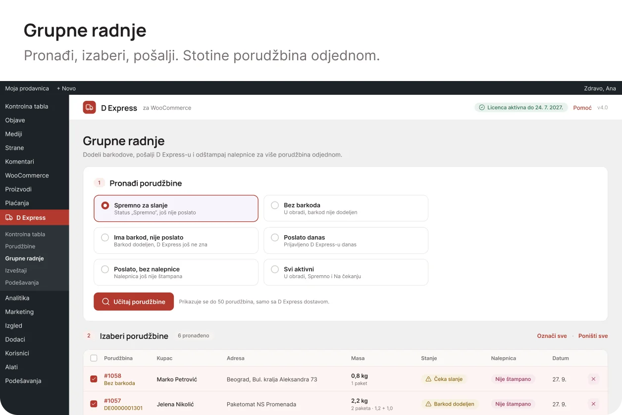 D Express plugin za WooCommerce - grupne radnje za više porudžbina