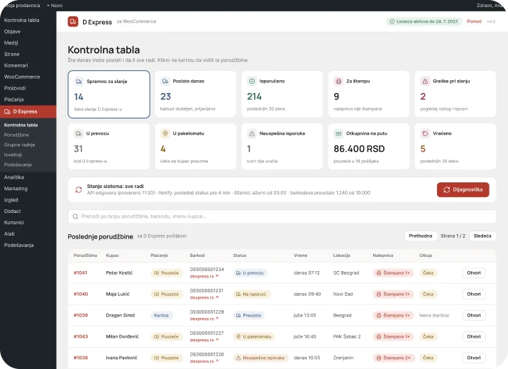 D Express plugin za WooCommerce - kontrolna tabla