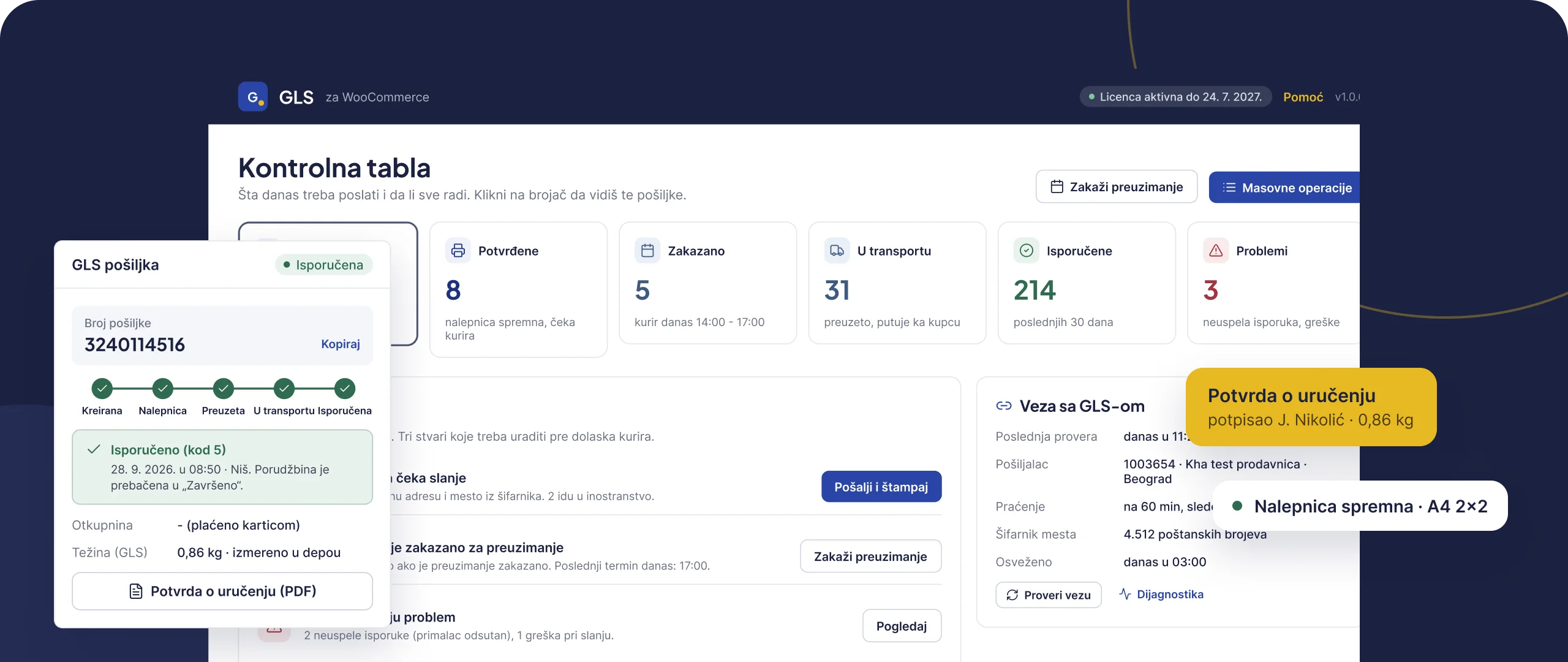 GLS plugin za WooCommerce - kontrolna tabla, GLS pošiljka i potvrda o uručenju