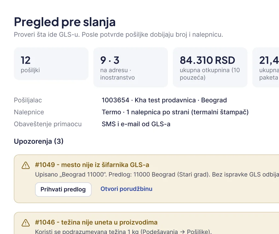 GLS plugin za WooCommerce - pregled pre slanja sa upozorenjima