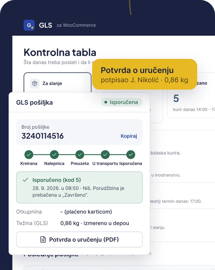 GLS plugin za WooCommerce - kontrolna tabla, GLS pošiljka i potvrda o uručenju