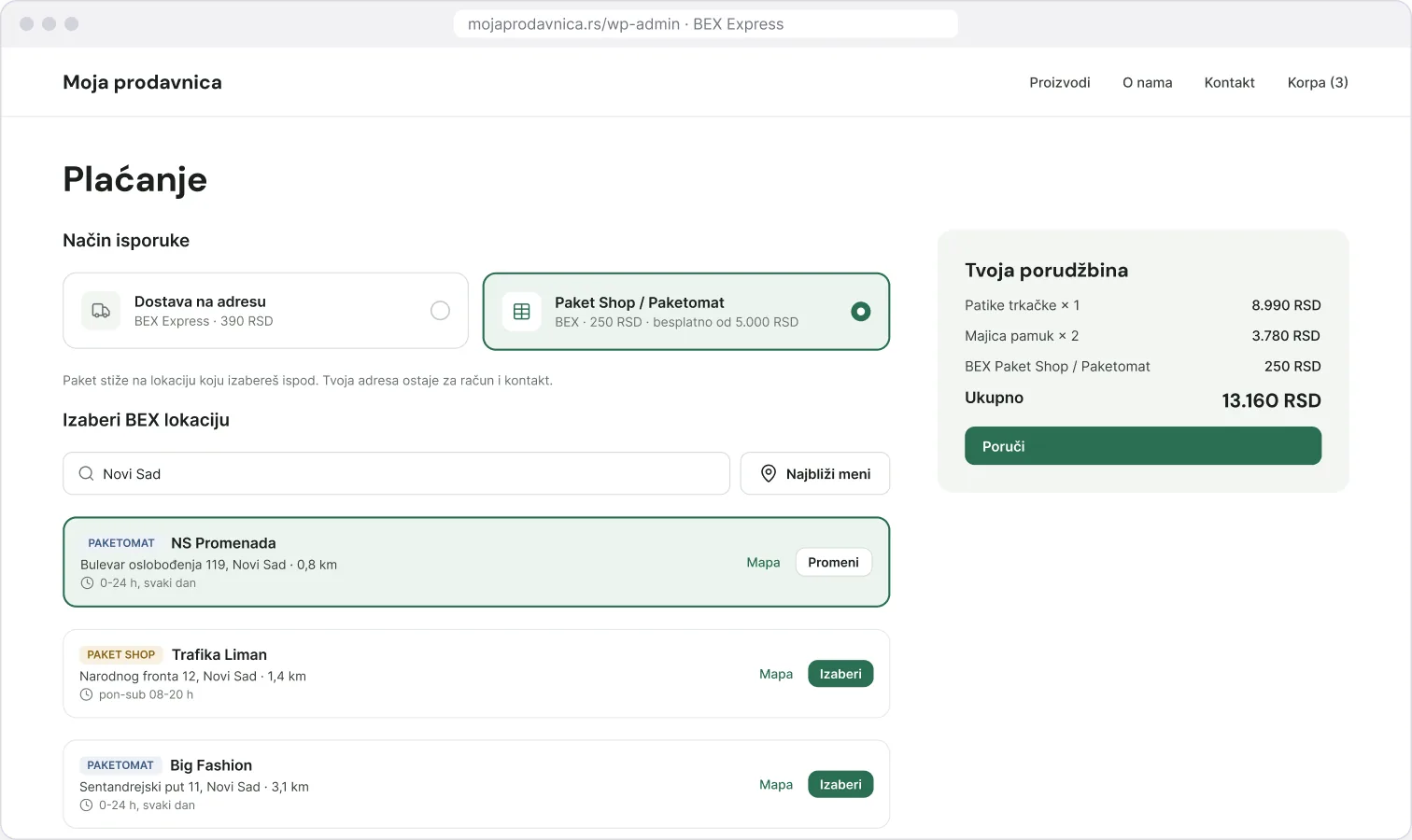 BEX plugin za WooCommerce - izbor Paket Shop lokacije ili paketomata na checkout-u