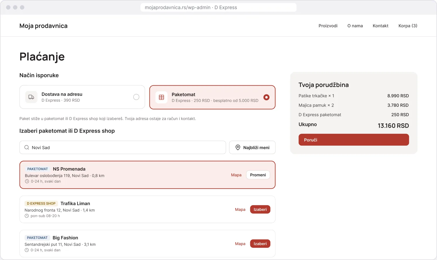 D Express plugin za WooCommerce - izbor paketomata ili D Express shopa na checkout-u